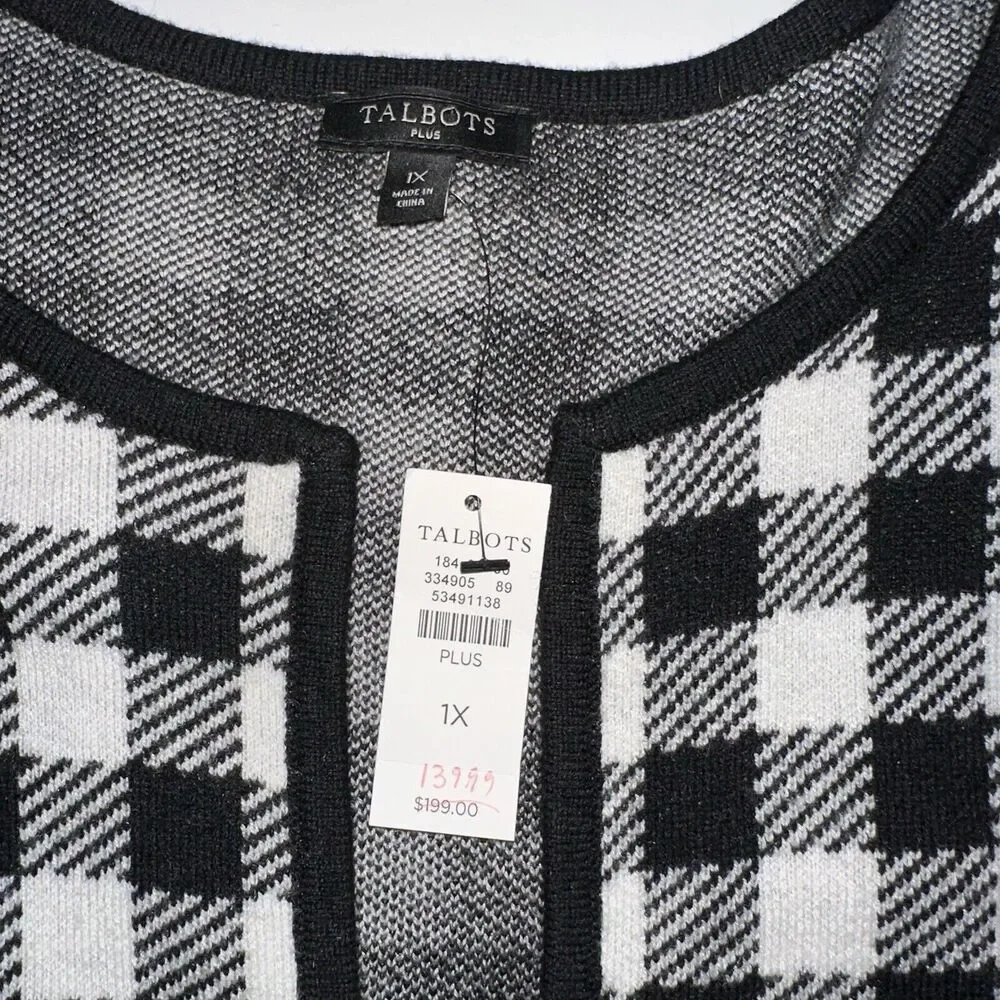 Talbots Buffalo Check Cardigan Sweater Women's Plus 1X NWT Plaid Wool Blend Open